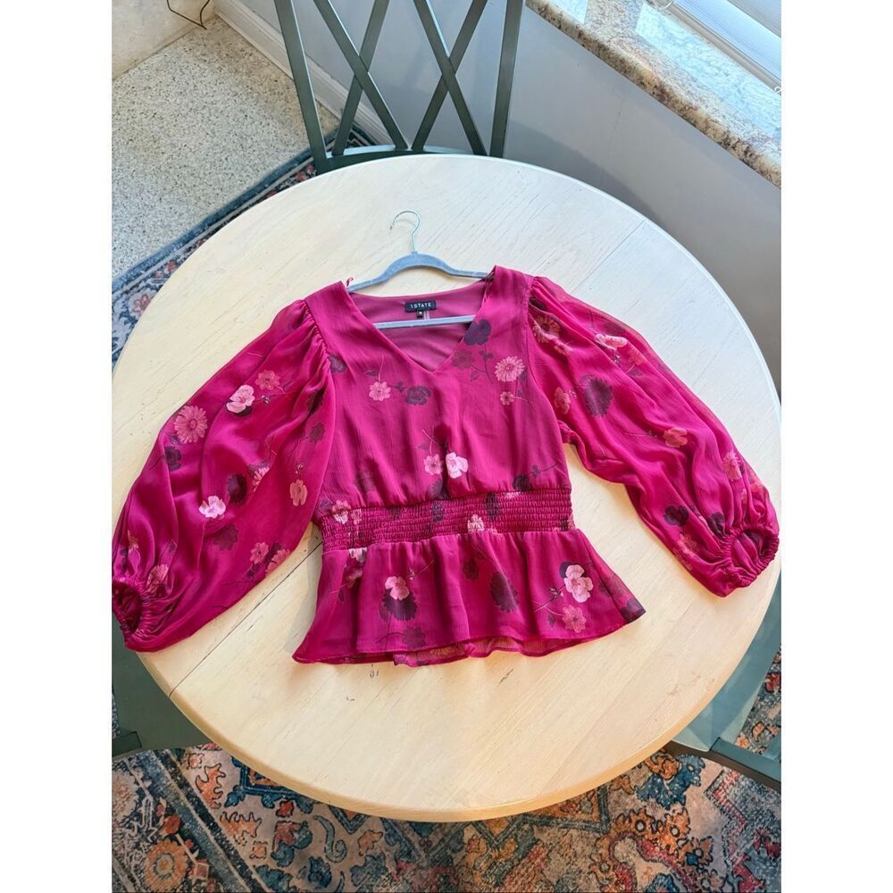 1.STATE Pink Floral Chiffon Peplum Blouse Smocked Waist V-Neck Size M - Picture 2 of 12